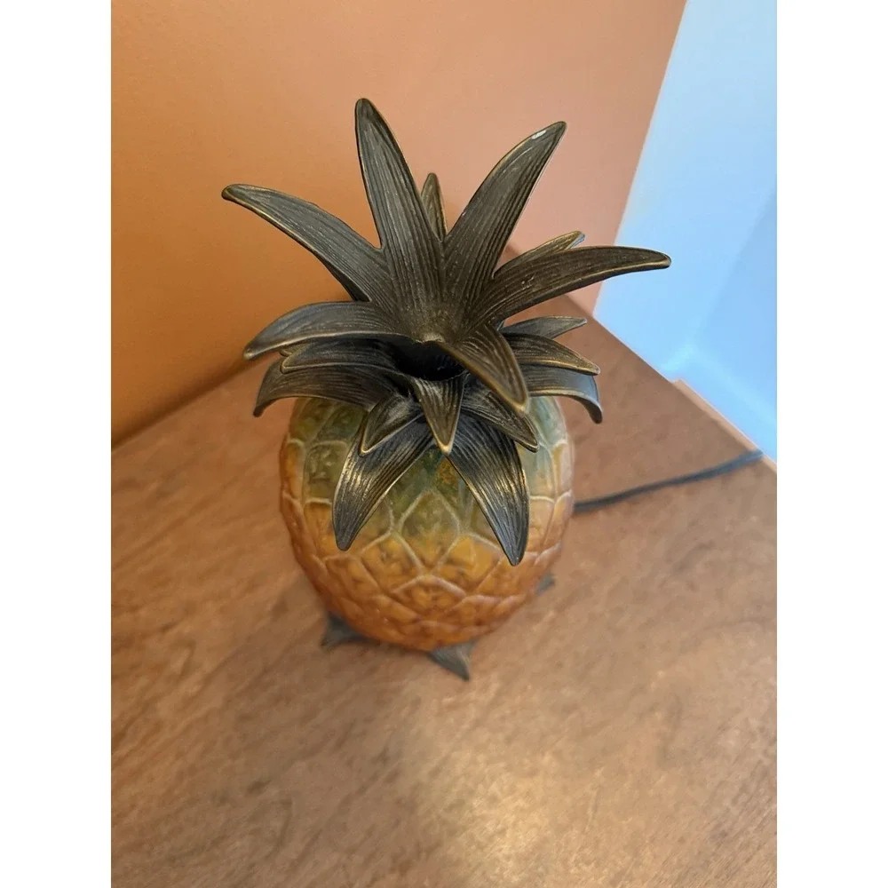 Andrea by Sadek Pineapple Accent Lamp | Brass Patina Leaves Vintage MCM